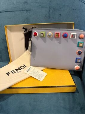 Fendi Lavender Leather Zip Tablet Case with Multicolor Studs